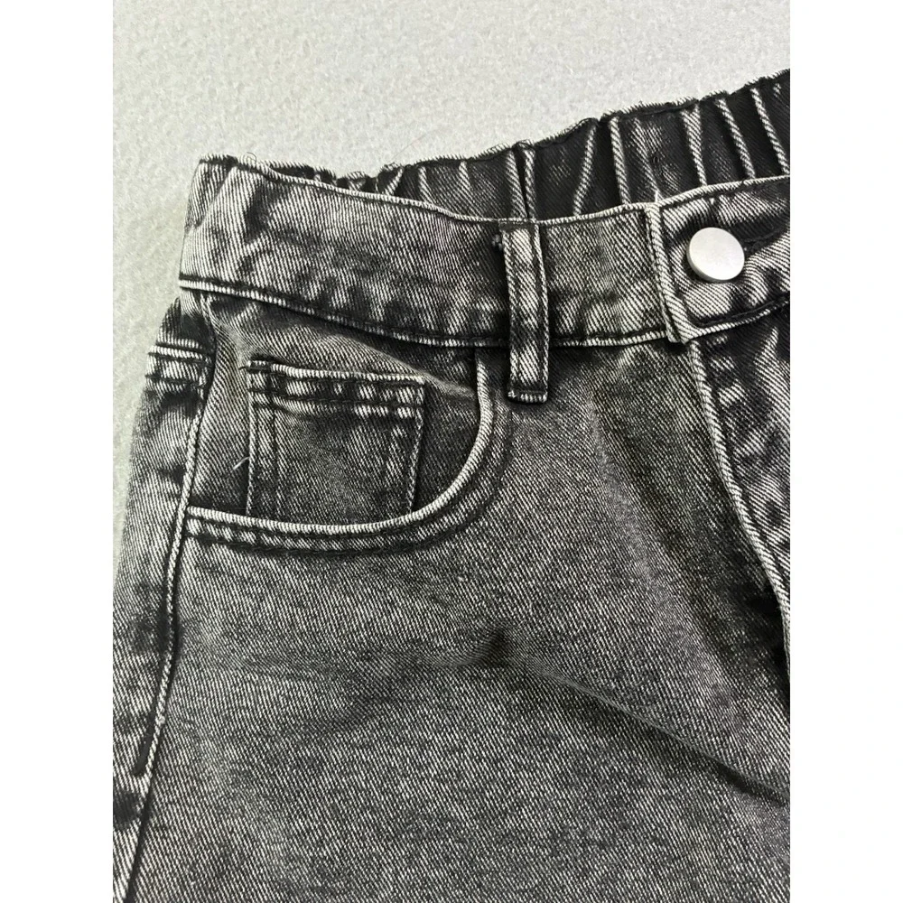 Girls Bow Print Back Zipper Fly Elastic High Waist Denim Pants Wide Leg Jean 13y